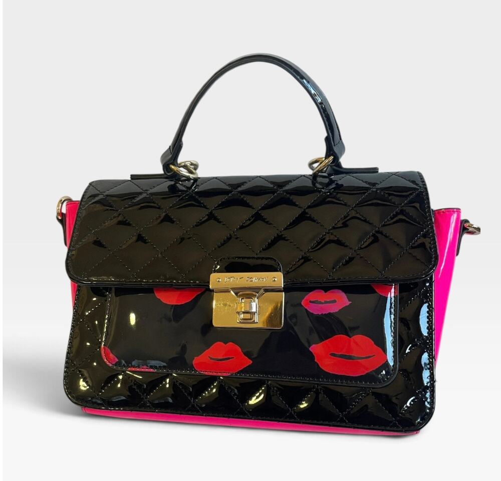 Betsey Johnson Black Patent Quilted Lip Print Satchel Bag Top Handle Crossbody